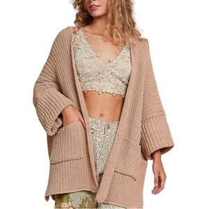 POL  Beige/Oatmeal Chunky Knit Cardigan Sweater Pockets Cropped Sleeve Size L